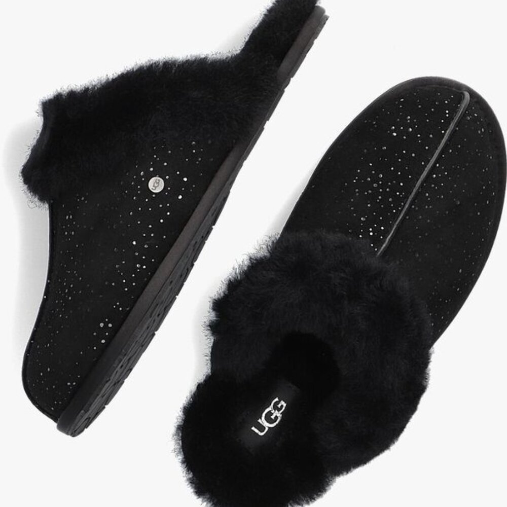 NIB UGG WOMEN'S SCUFFETTE METALLIC‎ SPOTS BLACK SUEDE SHEARLING LINED SLIPPERS